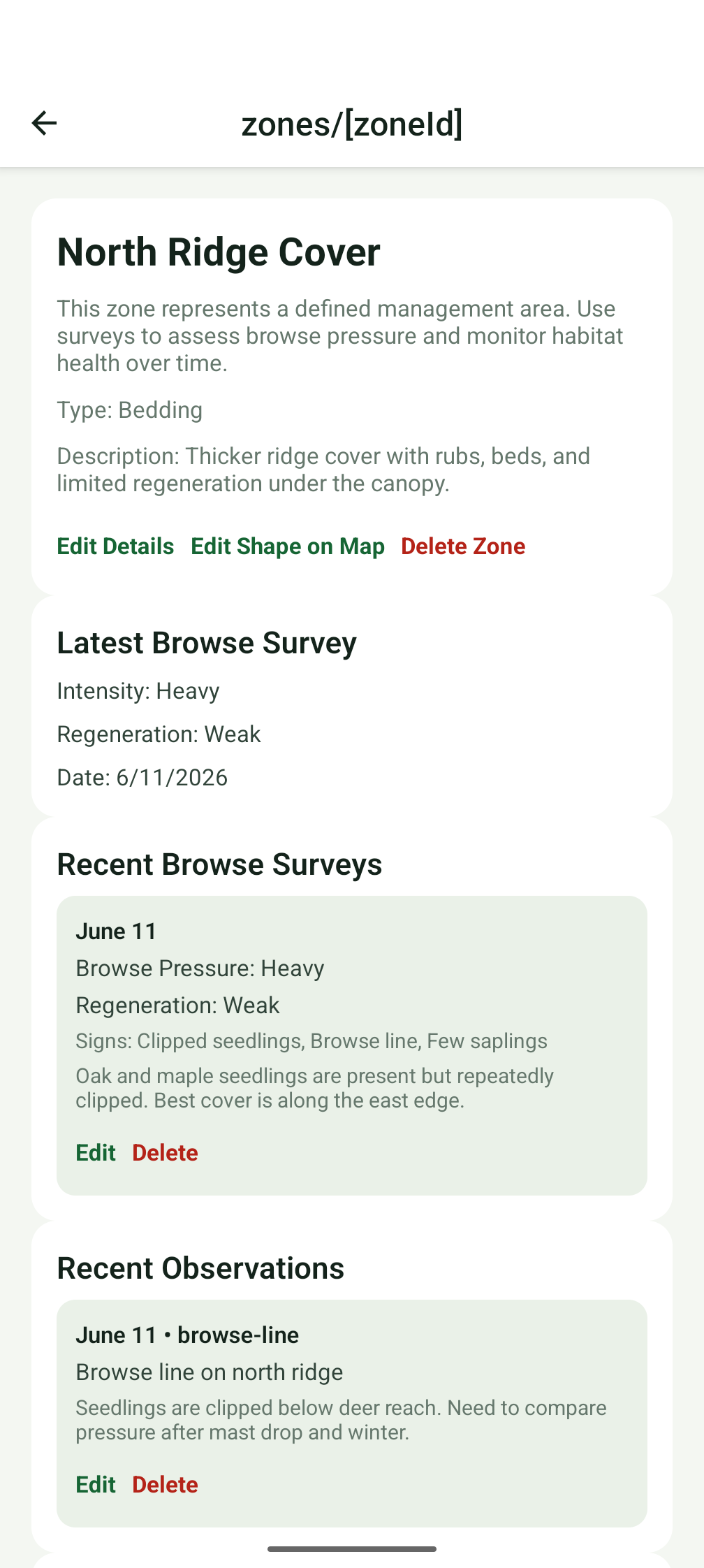 Zone detail screen with browse survey and field observations.